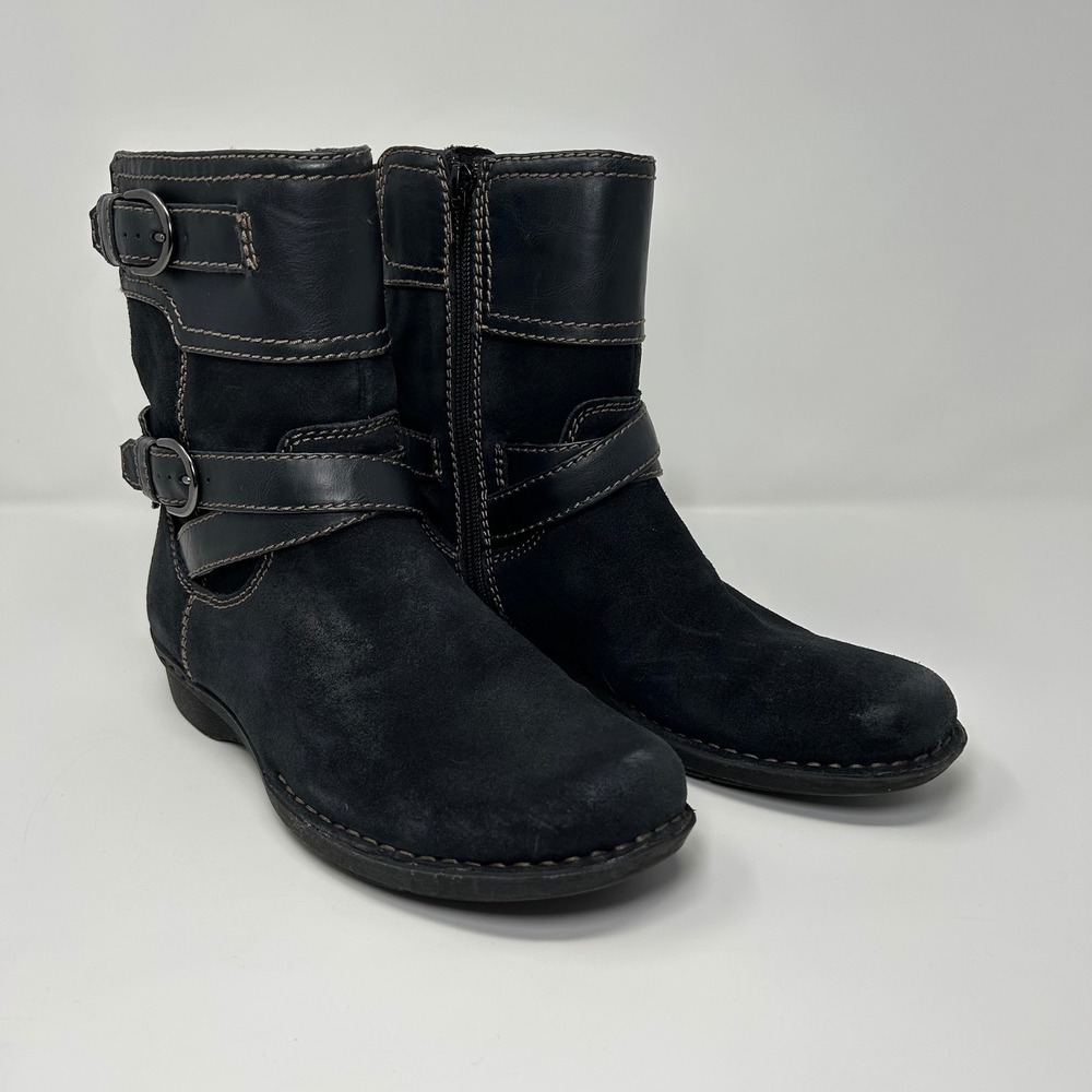 Clarks Artisan Black Suede Leather Moto Boots Buckle MidCalf Side Zip Womens 7.5 - Picture 2 of 14
